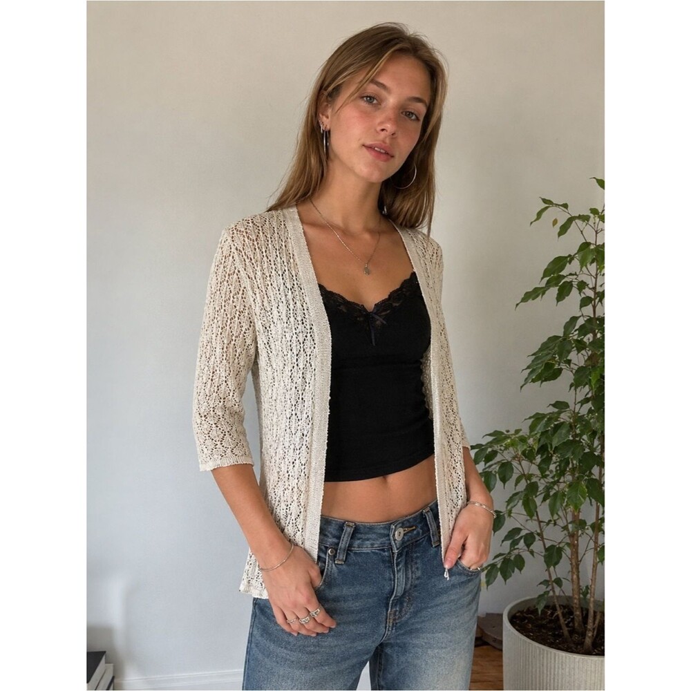 Vintage Chicos Y2K Cream Openwork Knit Crochet Cardigan Sweater 3/4 Sleeves Boho